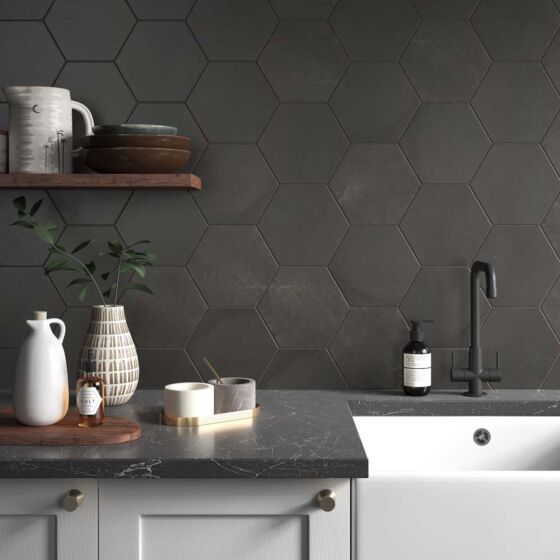 Hex Anthracite Glazed Porcelain Wall & Floor Tile 175x202mm